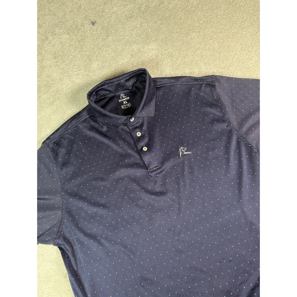 Rhoback Polo Shirt Men's XL Blue Micro Dot Print Golf American Flag Short Sleeve